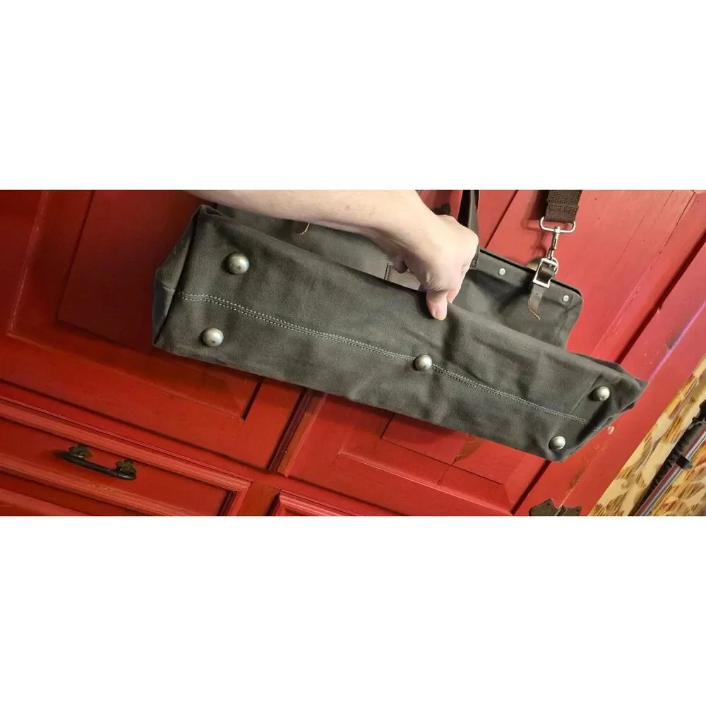 Large GRAY CANVAS Stonemason Style Weekender Bag Metal Frame Leather Handles EUC
